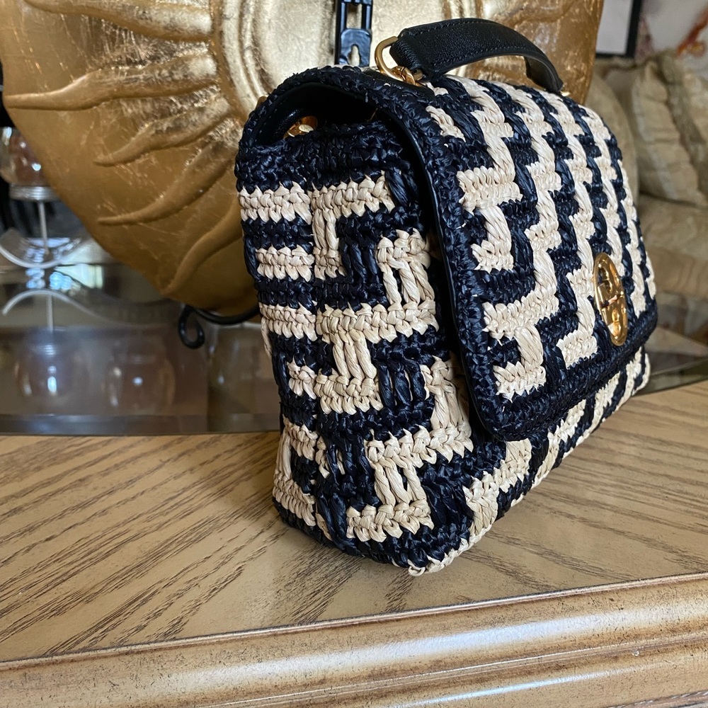Tory Burch Willa Straw Small Shoulder Bag Black & Pale Khaki - Picture 12 of 14
